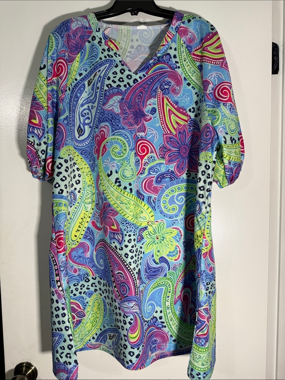 Vibrant Paisley Shift Dress in Blue & Neon Green XL